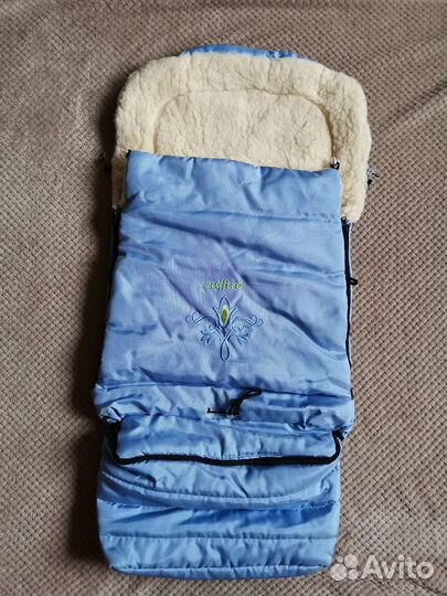 Меховой голубой конверт в прогулочную коляску