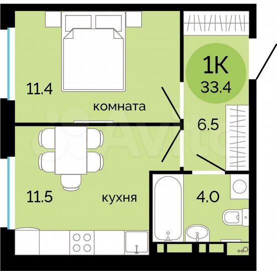 1-к. квартира, 33,4 м², 2/14 эт.