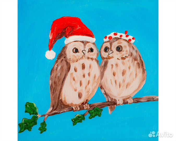 Картина милые совята совы птицы животные зимние