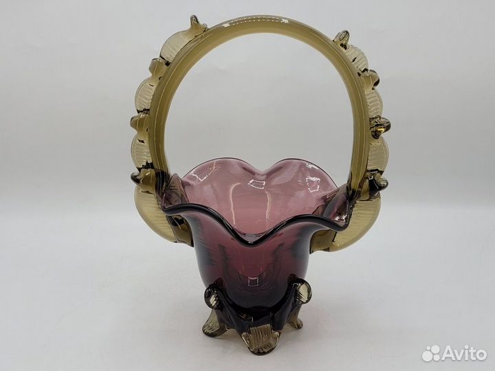 Ваза конфетница Корзинка цветное гутное стекло