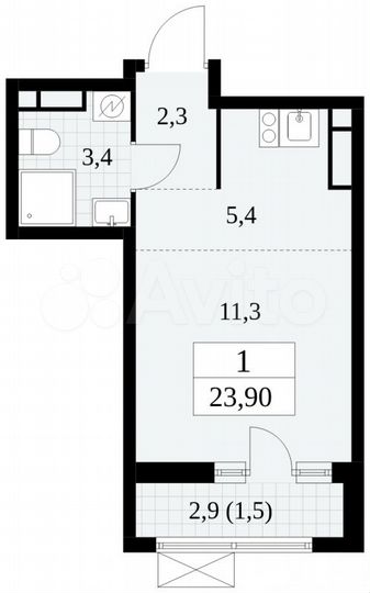 Квартира-студия, 23,9 м², 11/16 эт.