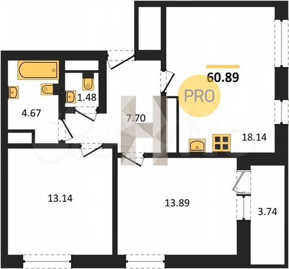 2-к. квартира, 60,9 м², 21/25 эт.