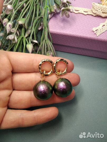 Серьги Конго с хлопковым жемчугом покрытие золото