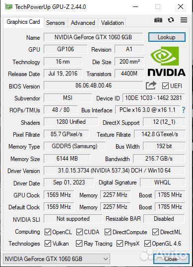 Видеокарта MSI GTX 1060 Gaming+ на 6gb