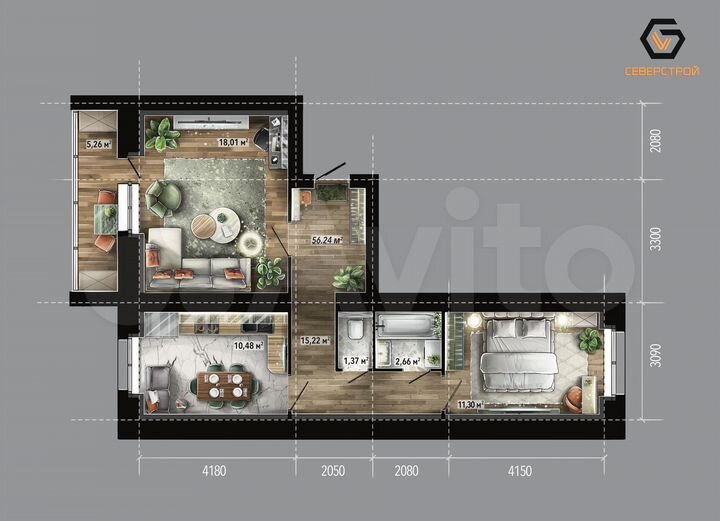 2-к. квартира, 58,8 м², 3/9 эт.