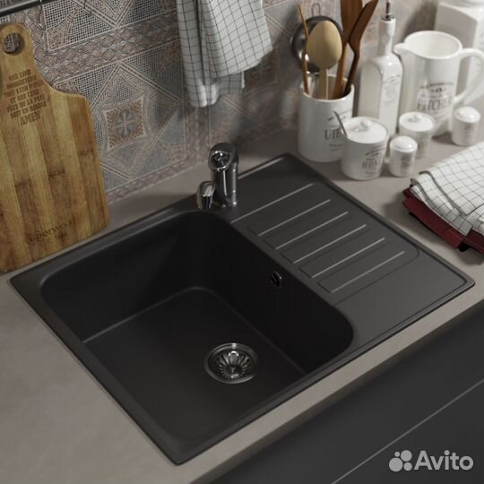 Кухонная мойка из искусственного камня прямоугольная, цвет уголь