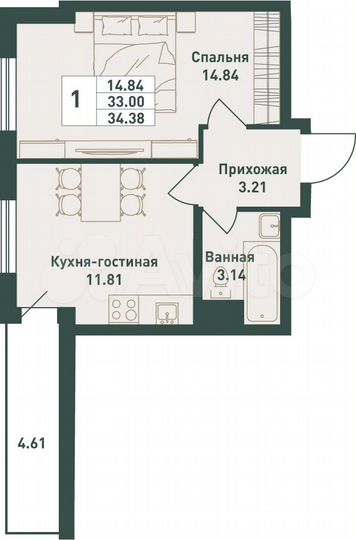 1-к. квартира, 34,4 м², 6/16 эт.