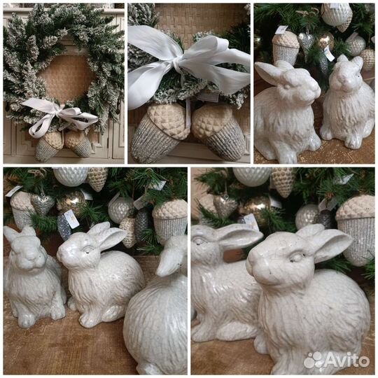 Кролик статуэтка новогодний венок шишки