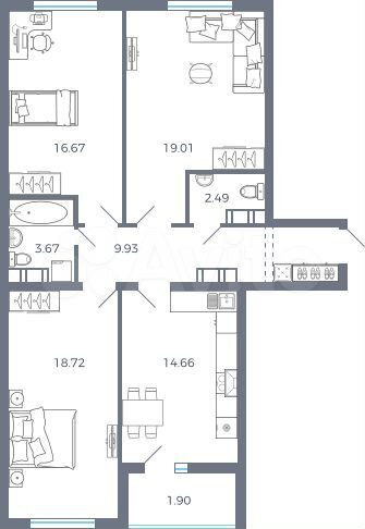 3-к. квартира, 87,1 м², 1/9 эт.