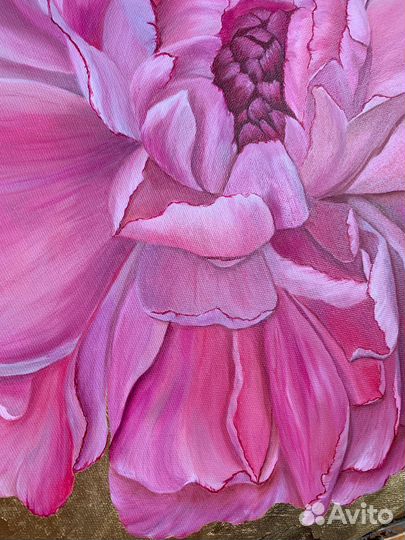 Пионы картина маслом на круглом холсте с золотом