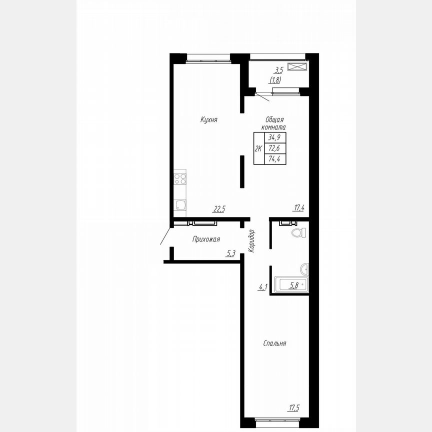 2-к. квартира, 74,4 м², 16/17 эт.