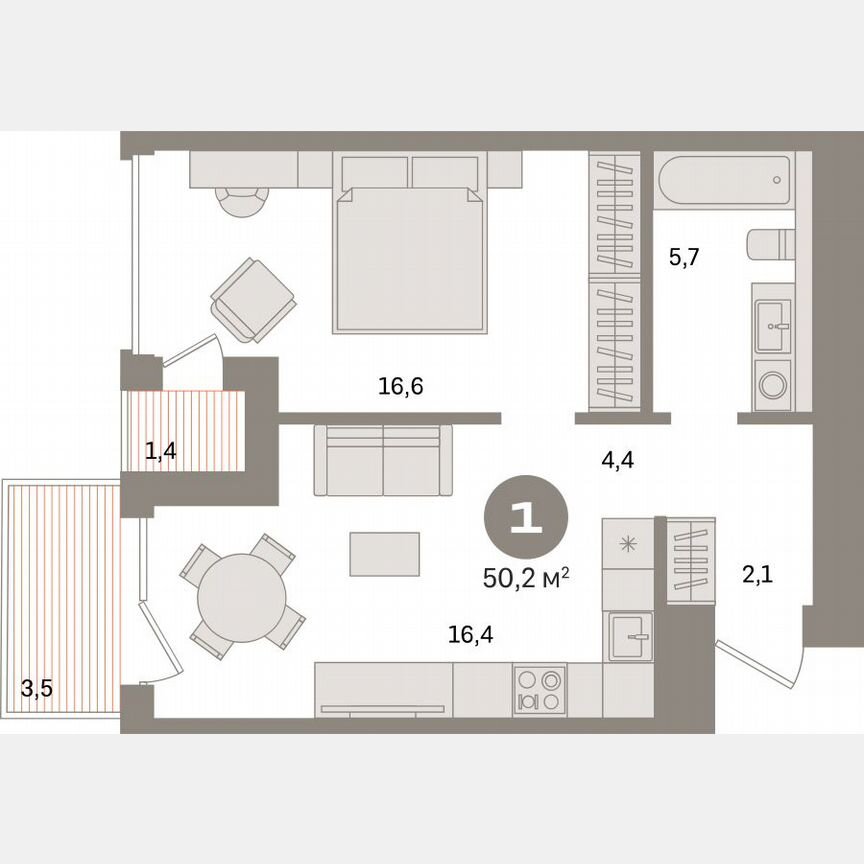1-к. квартира, 49,7 м², 3/16 эт.
