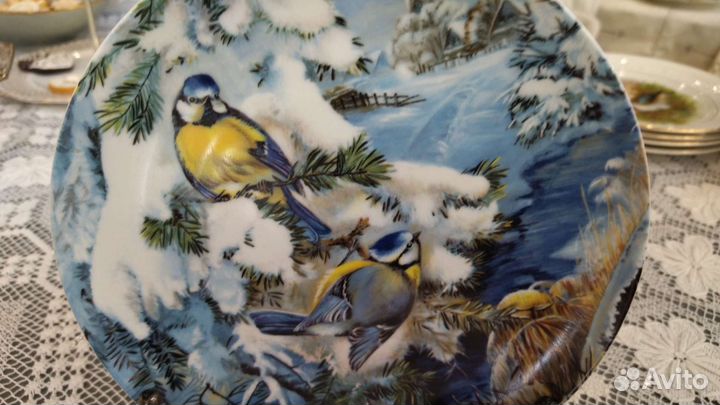 Винтаж: Синицы зима Тарелка фарфор птицы декоратив