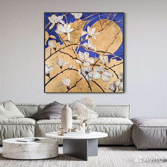 Оригинальная картина маслом цветы под луной