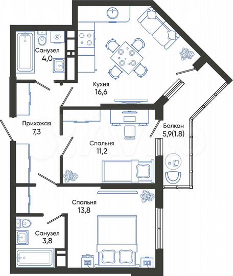 2-к. квартира, 58,5 м², 19/24 эт.