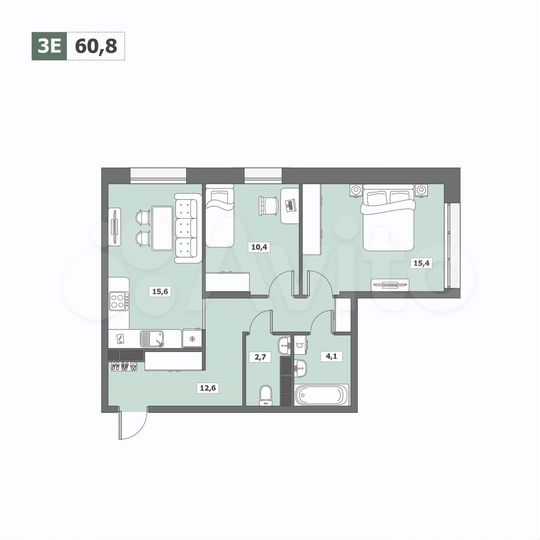 3-к. квартира, 60,8 м², 2/15 эт.