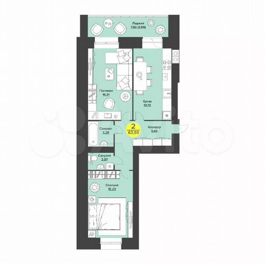 2-к. квартира, 63,6 м², 5/9 эт.
