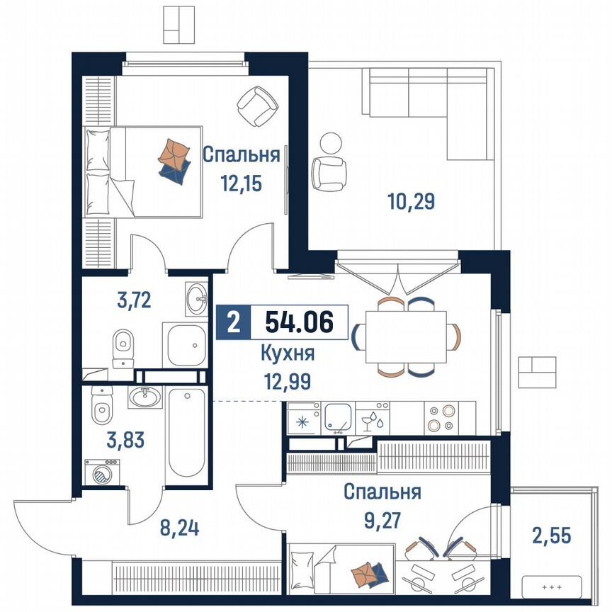 2-к. квартира, 54,1 м², 18/18 эт.
