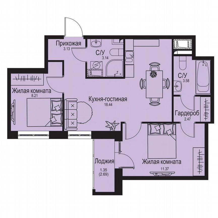 2-к. квартира, 51,7 м², 2/9 эт.