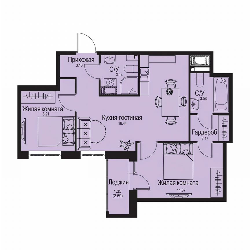 2-к. квартира, 51,7 м², 2/9 эт.