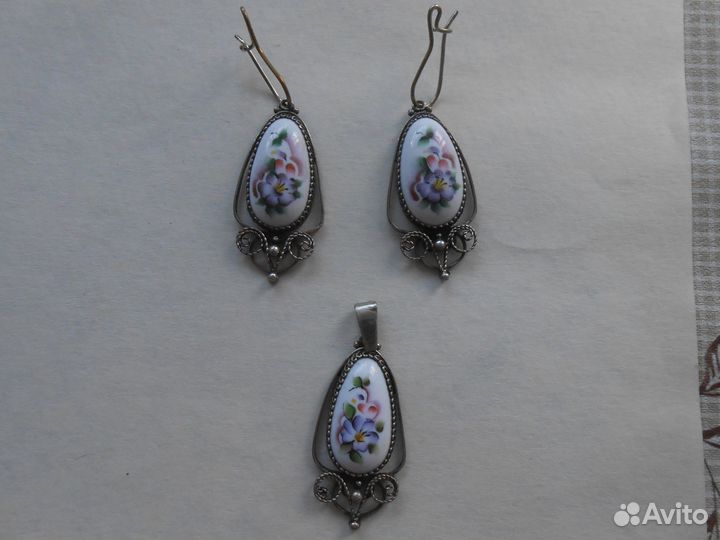 Серьги со вставкой финифть и подвеска СССР