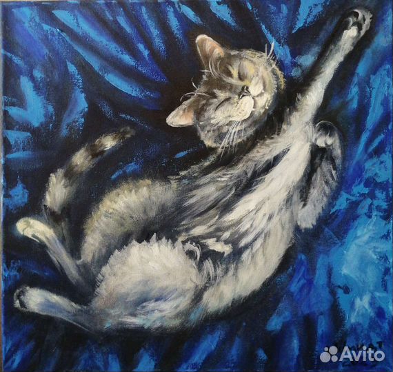 Картина маслом на холсте. Сон счастливого кота