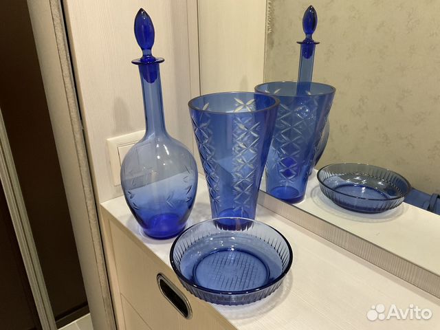 Графин и вазы синее стекло 60-е г СССР