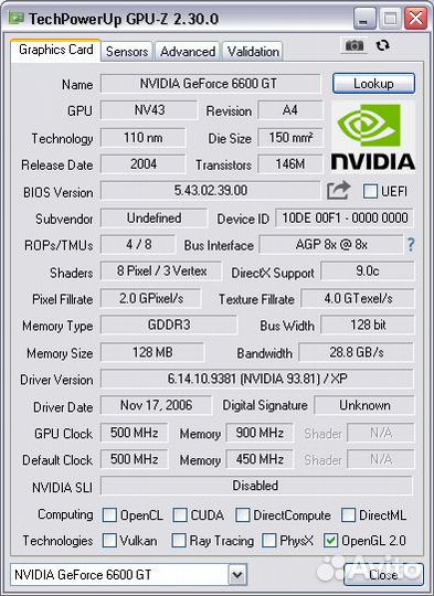 Sparkle GeForce 6600GT AGP 128Mb gddr3 с нюансами