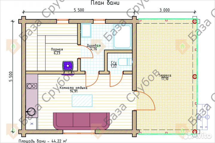Сруб бани 6 на 6+терраса 3 м и перегородками внутр