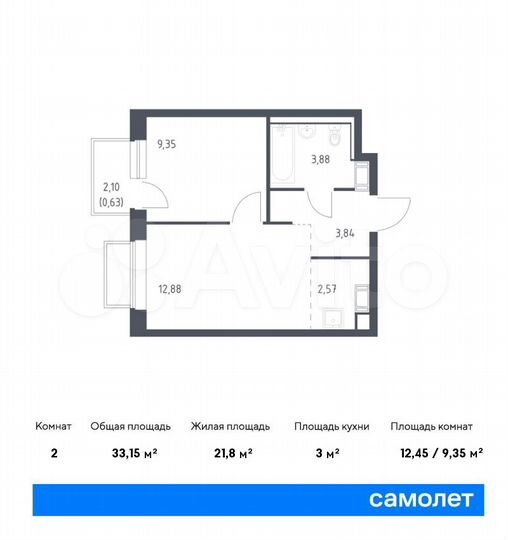 2-к. квартира, 33,2 м², 17/17 эт.