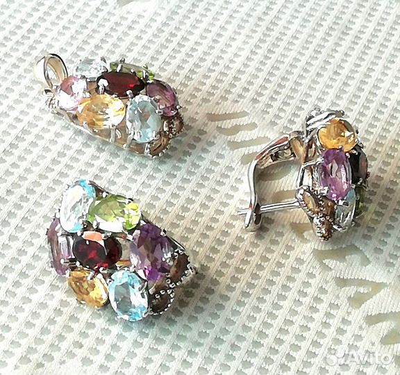 Серьги, кулон серебро аметист, гранат, топаз С410
