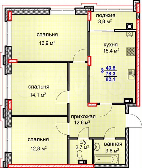 3-к. квартира, 82,1 м², 6/10 эт.