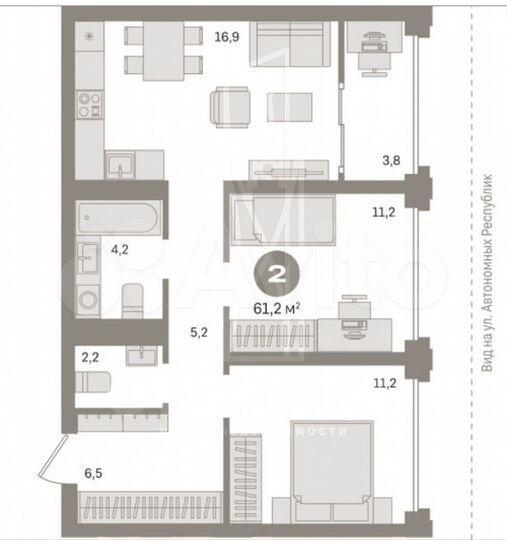 2-к. квартира, 61,1 м², 6/7 эт.