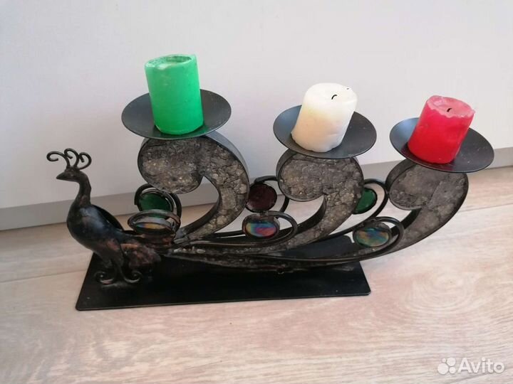 Подсвечник большой павлин с элементами стекла разн