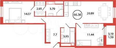 2-к. квартира, 66,4 м², 5/12 эт.