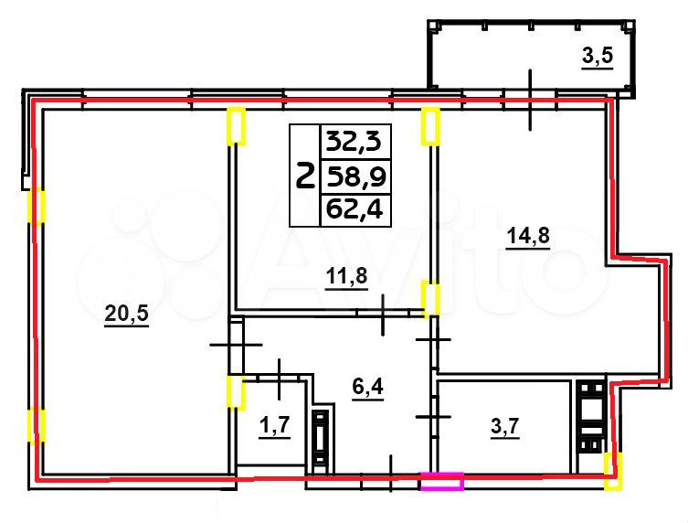 2-к. квартира, 62,4 м², 12/16 эт.