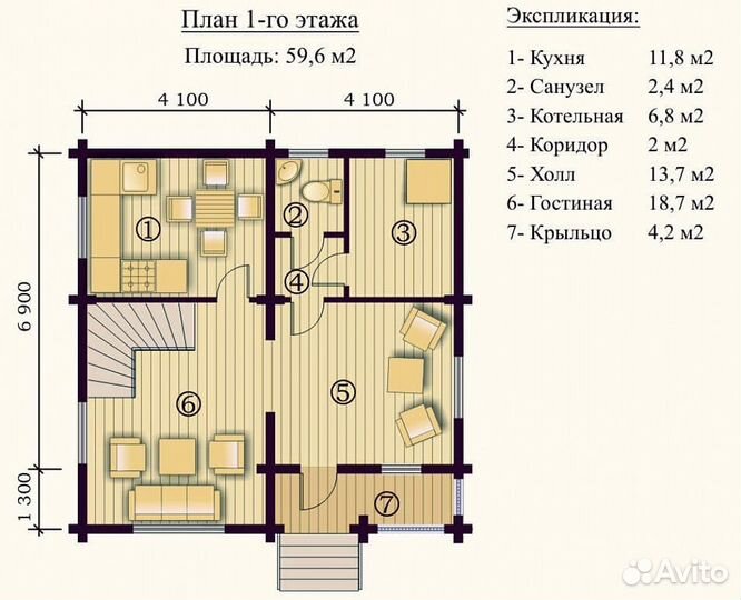 Деревянный дом из бревна 8200х8200мм