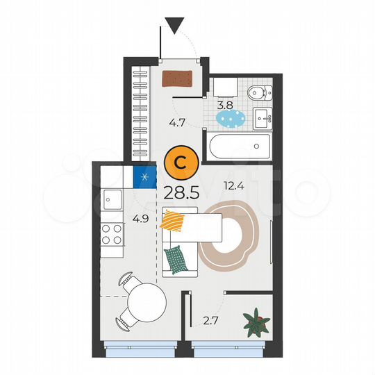 Квартира-студия, 28,5 м², 8/19 эт.
