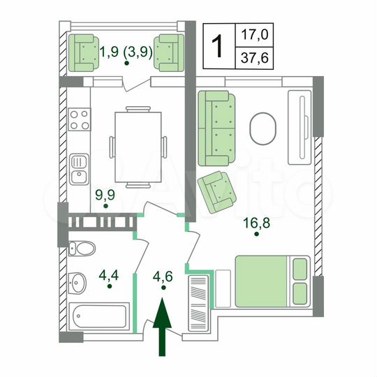 1-к. квартира, 37,6 м², 12/19 эт.