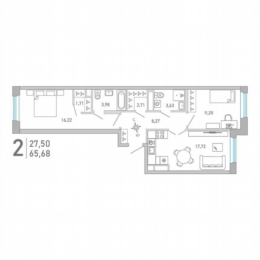 2-к. квартира, 65,7 м², 4/10 эт.