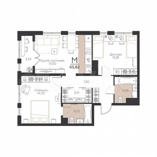 2-к. квартира, 65,8 м², 3/5 эт.