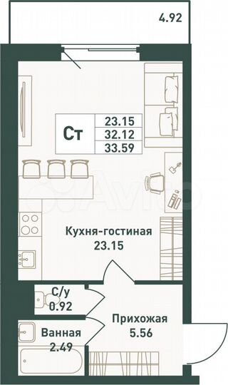 Квартира-студия, 33,6 м², 16/16 эт.
