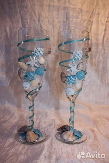 Свадебные бокалы фужеры ручной работы морской бриз