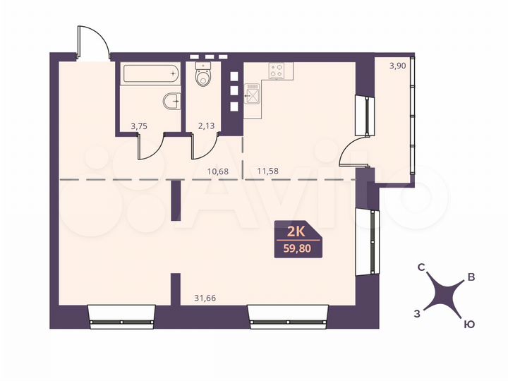 2-к. квартира, 59,8 м², 13/24 эт.