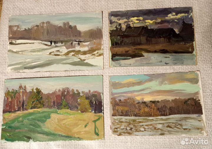 Серия картин 4 Пейзажи СССР масло картон живопись