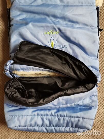 Меховой голубой конверт в прогулочную коляску