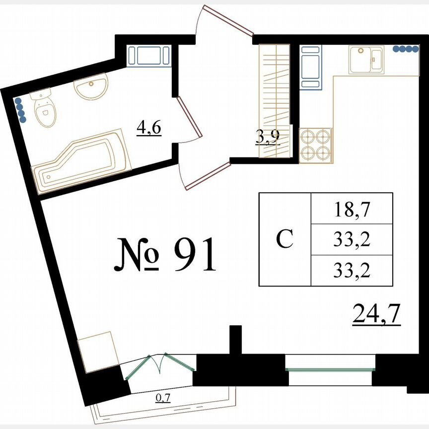 Квартира-студия, 33,2 м², 3/8 эт.