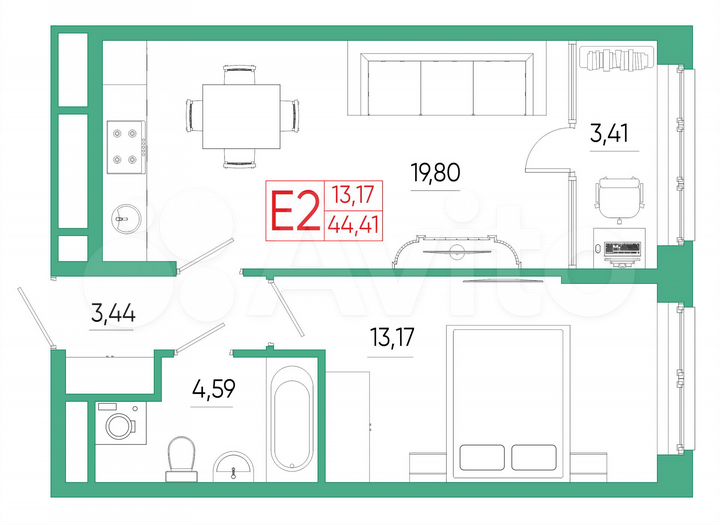 2-к. квартира, 44,4 м², 12/25 эт.