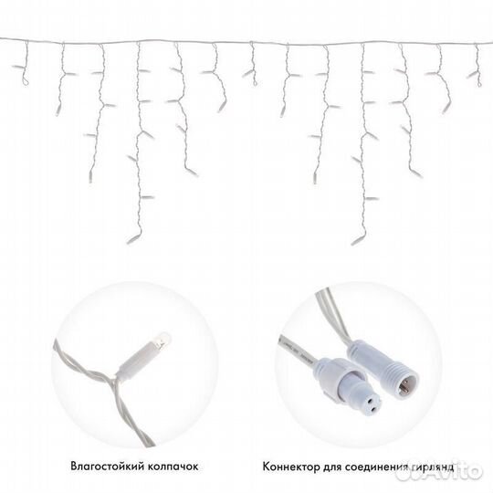 Гирлянда светодиодная «Айсикл» (бахрома) 2.4х0.6м 76LED бел. 7Вт 230В IP65 провод бел. (нужен шнур п