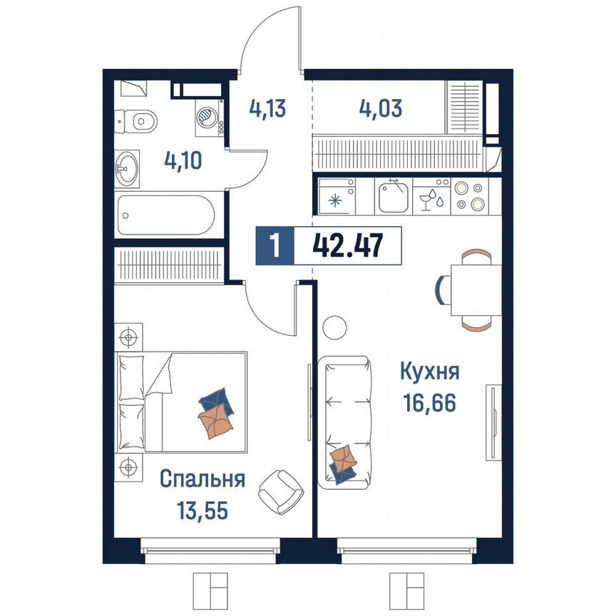 1-к. квартира, 42,5 м², 4/18 эт.